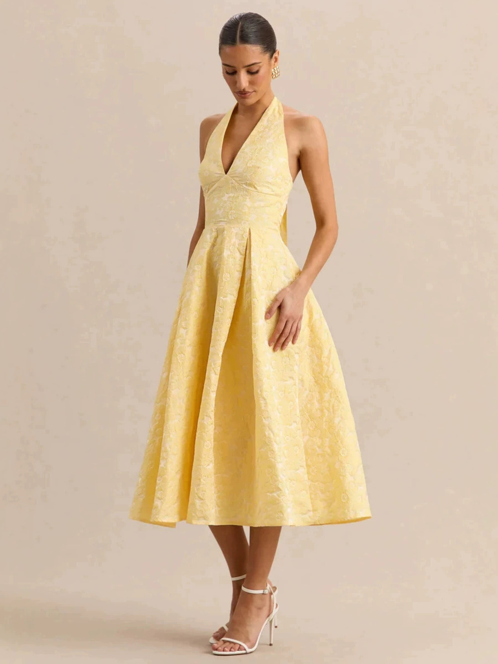 Zara Yellow 3D Jacquard Halter Neck Cinched Waist Dress